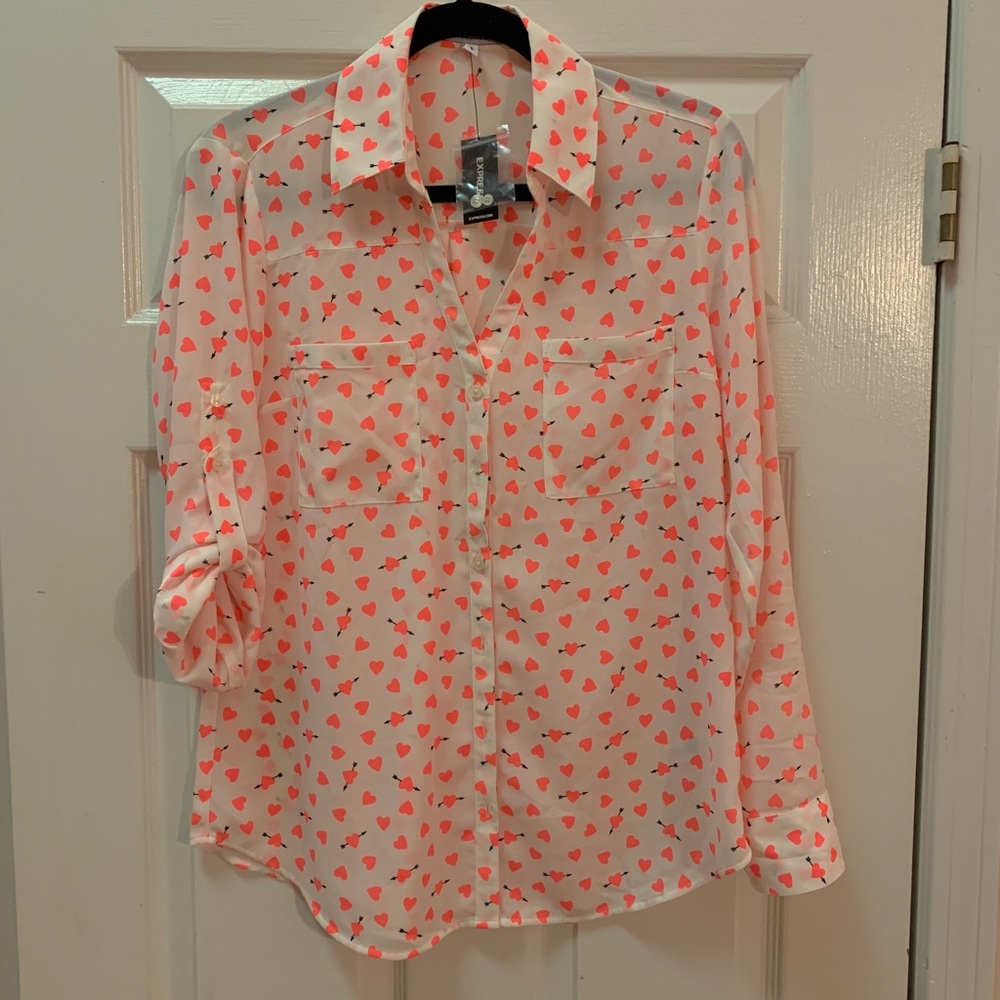 NWT! Express Neon Heart Portofino Blouse/Shirt- M